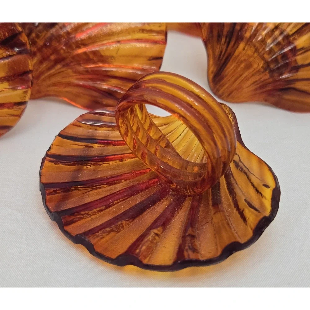 Vintage Amber Tortoiseshell Acrylic Shell Napkin Rings - Set of 10 MCM Scallop